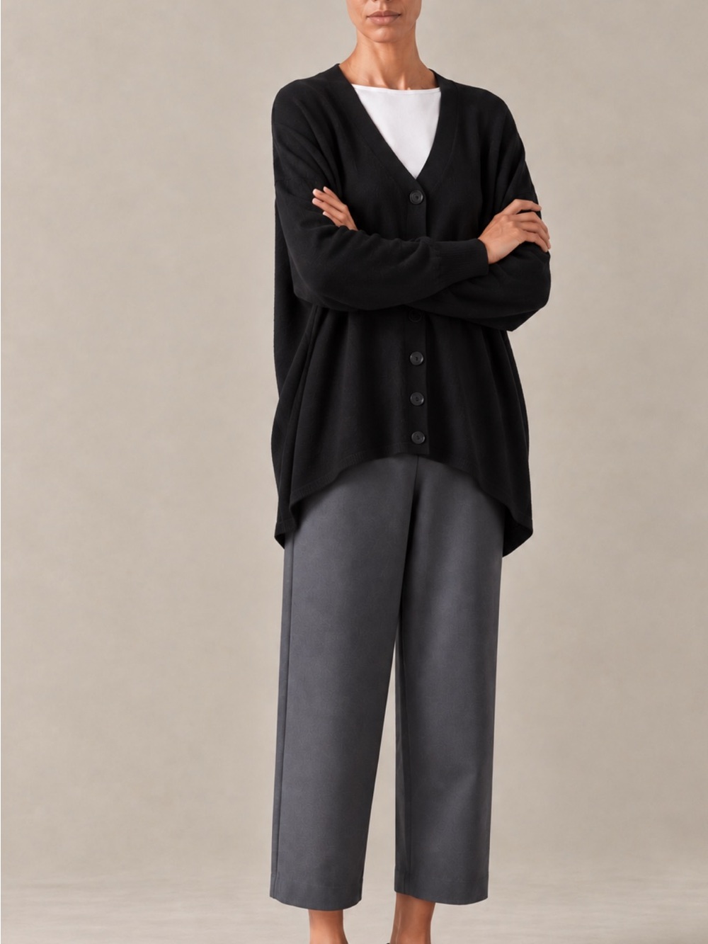Eskandar Black 100% Cashmere Oversized Classic V-Neck Button Cardigan Sweater S
